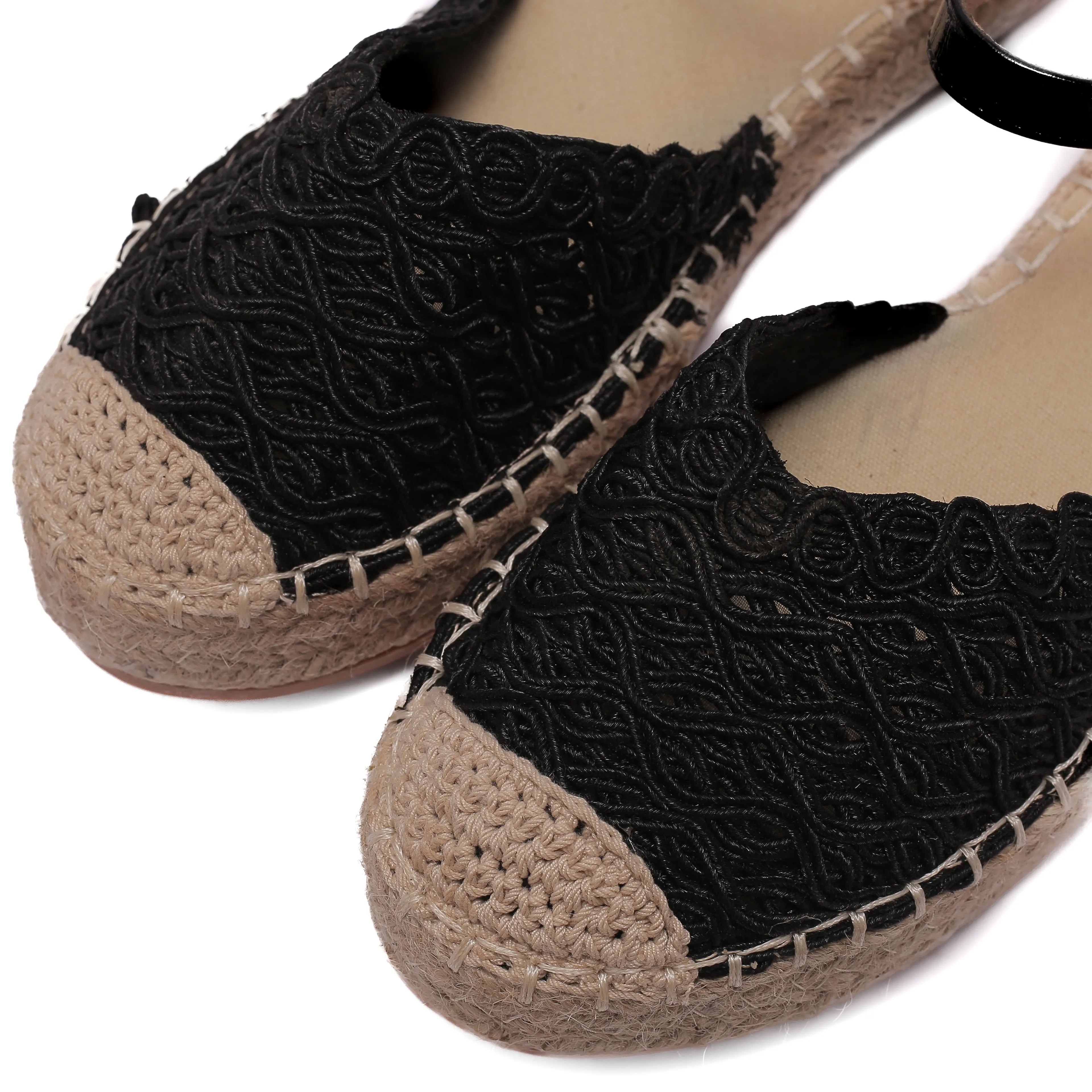 Lace Espadrille Sandals with Ankle Strap in Black