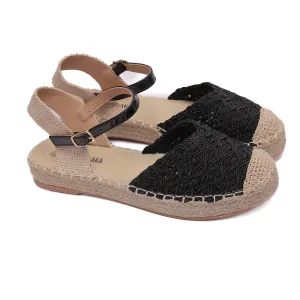 Lace Espadrille Sandals with Ankle Strap in Black