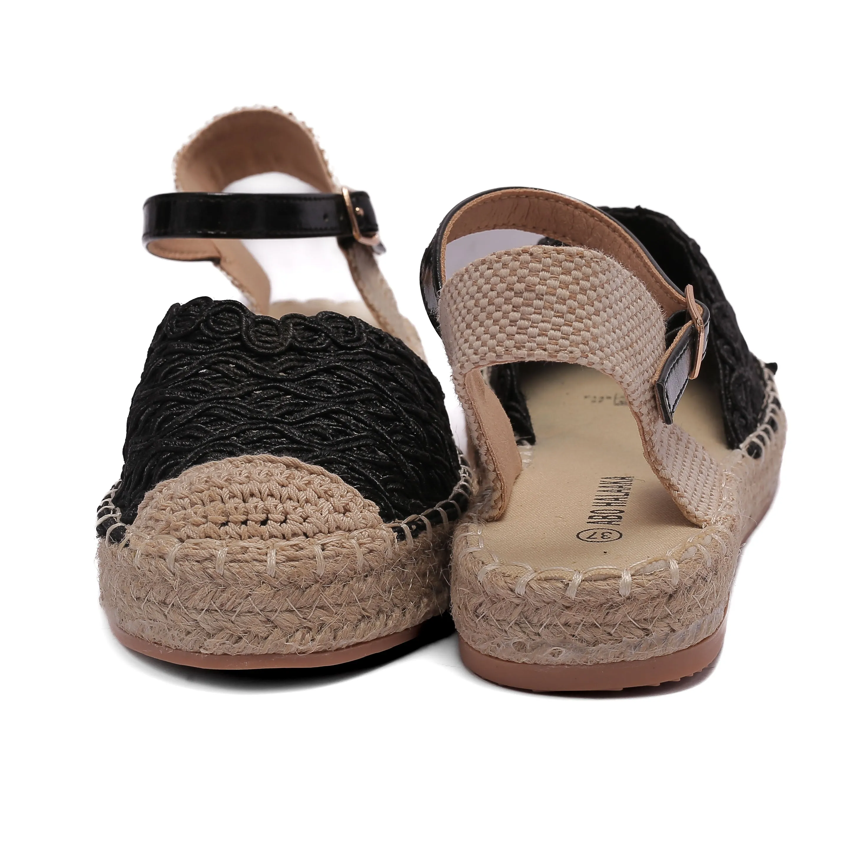 Lace Espadrille Sandals with Ankle Strap in Black