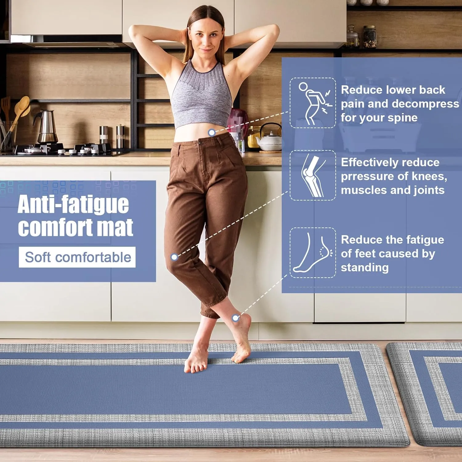 Latida Kitchen Mats 2 PCS, Cushioned Anti Fatigue Kitchen Mat for Floor, Non Slip Waterproof Kitchen Rug Set, 1/2 Inch Thick Comfort Anti Fatigue Mat for Kitchen Sink Office Laundry, Blue