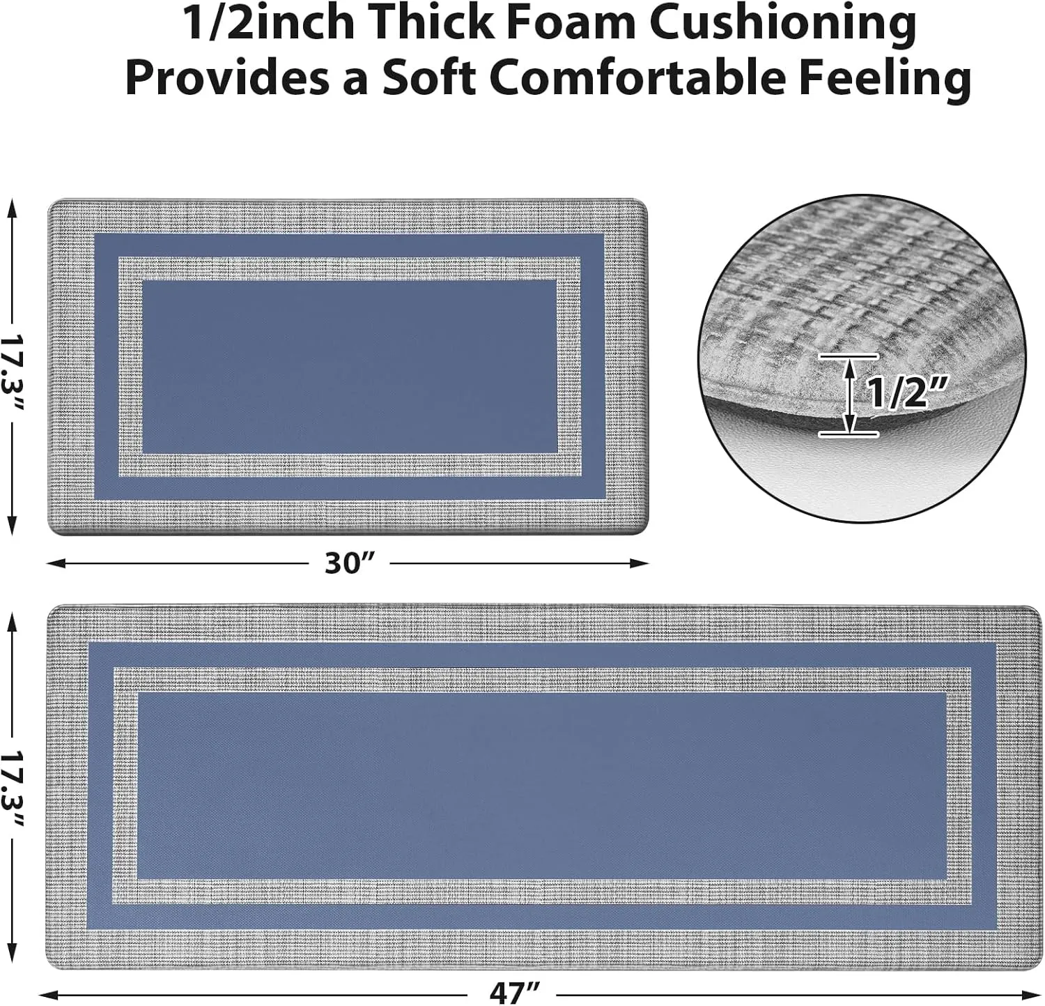Latida Kitchen Mats 2 PCS, Cushioned Anti Fatigue Kitchen Mat for Floor, Non Slip Waterproof Kitchen Rug Set, 1/2 Inch Thick Comfort Anti Fatigue Mat for Kitchen Sink Office Laundry, Blue
