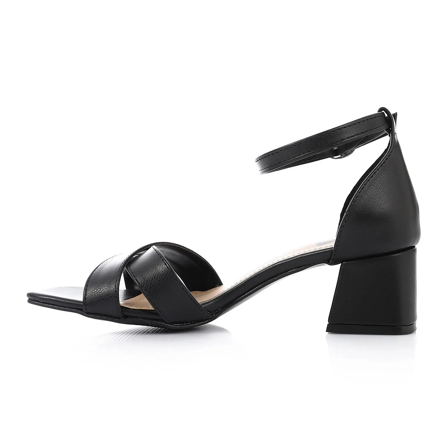 Leather Low Heeled Ankle Strap Sandals - Black