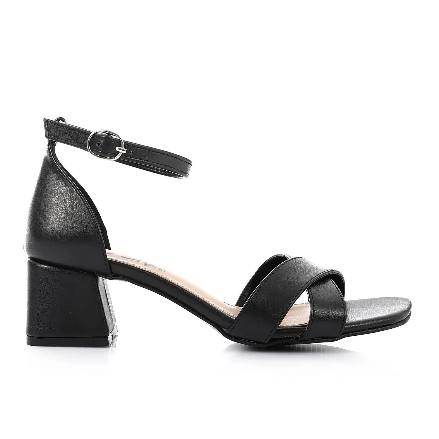 Leather Low Heeled Ankle Strap Sandals - Black