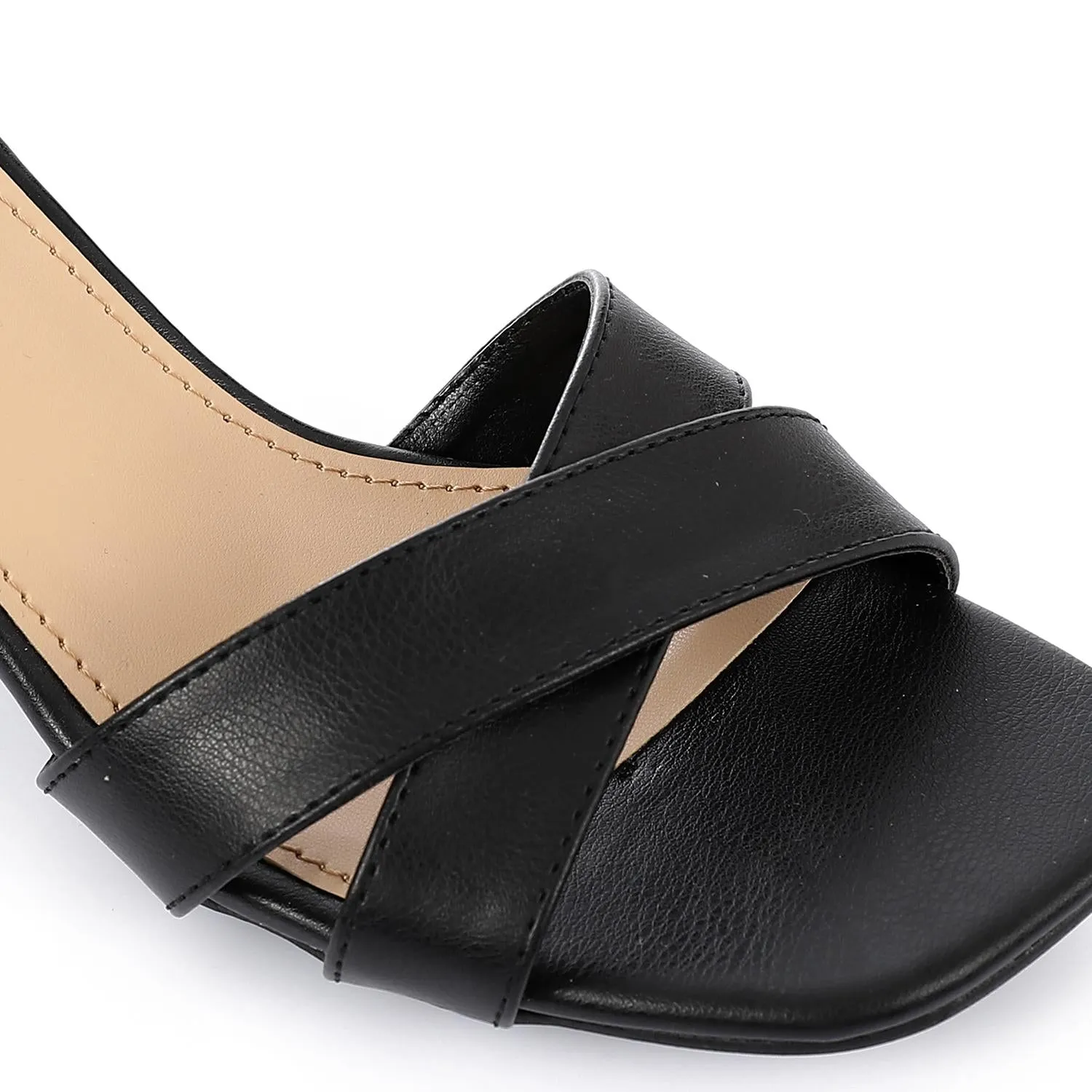 Leather Low Heeled Ankle Strap Sandals - Black