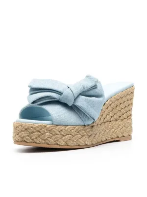 Light Blue Denim Open-toe Espadrille Wedge Sandals With Bows