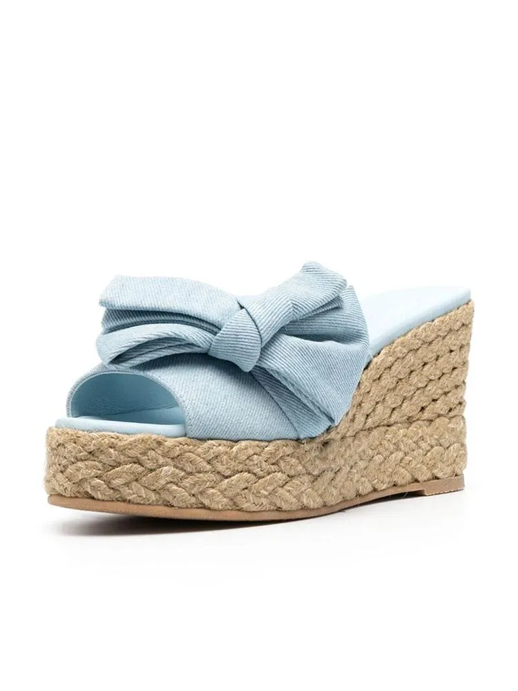 Light Blue Denim Open-toe Espadrille Wedge Sandals With Bows