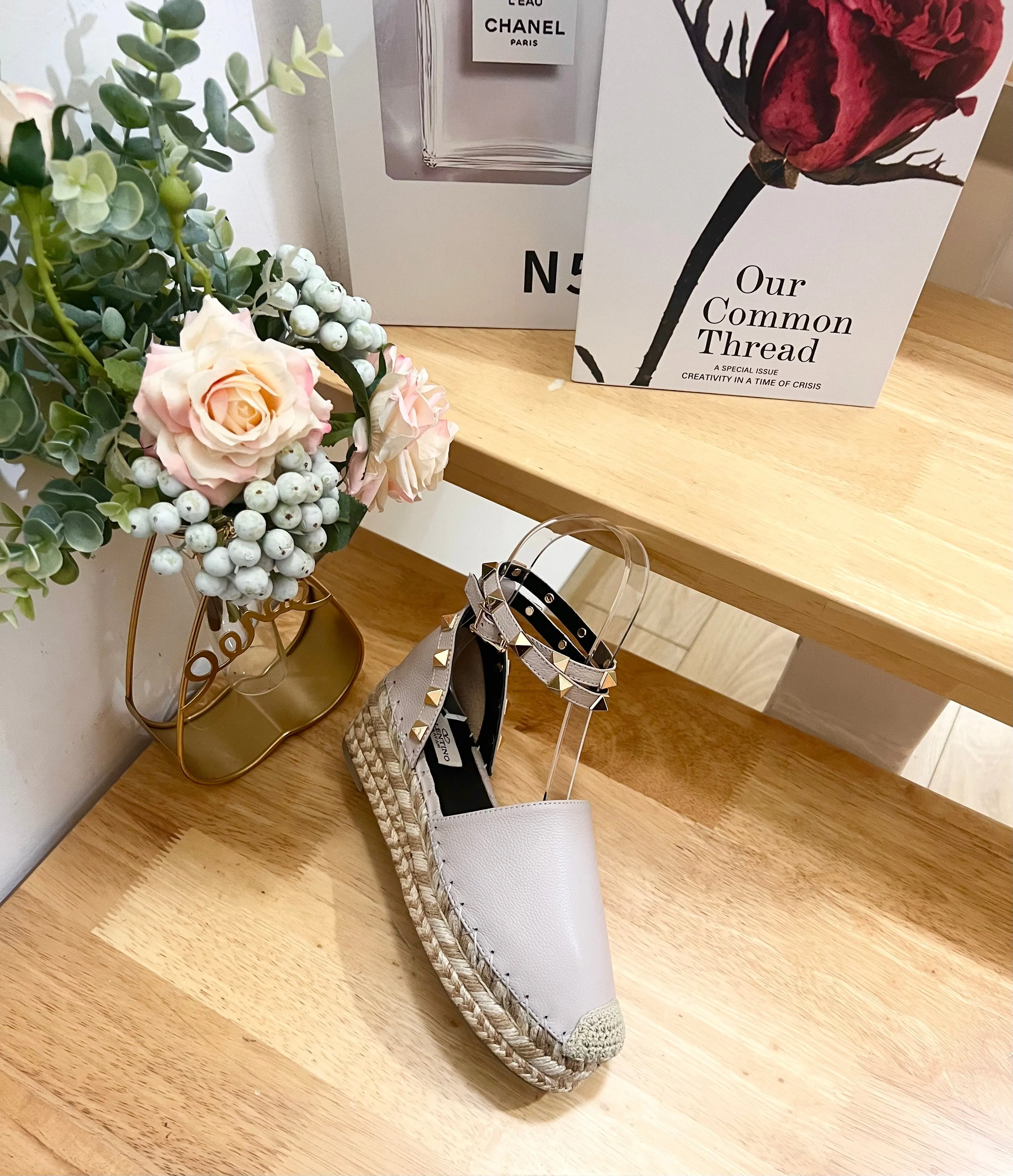 LIGHT PURPLE LEATHER ROCKSTUD ESPADRILLES ANKLE STRAP FLATS