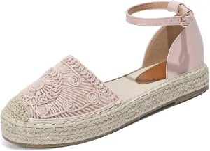Lossarye Women's Platform Closed Toe Espadrille Sandals Adjustable Ankle Strap Comfortable Round Toe Breathable Flat Sandals for Summer Vocation Beach Dressy Shoes