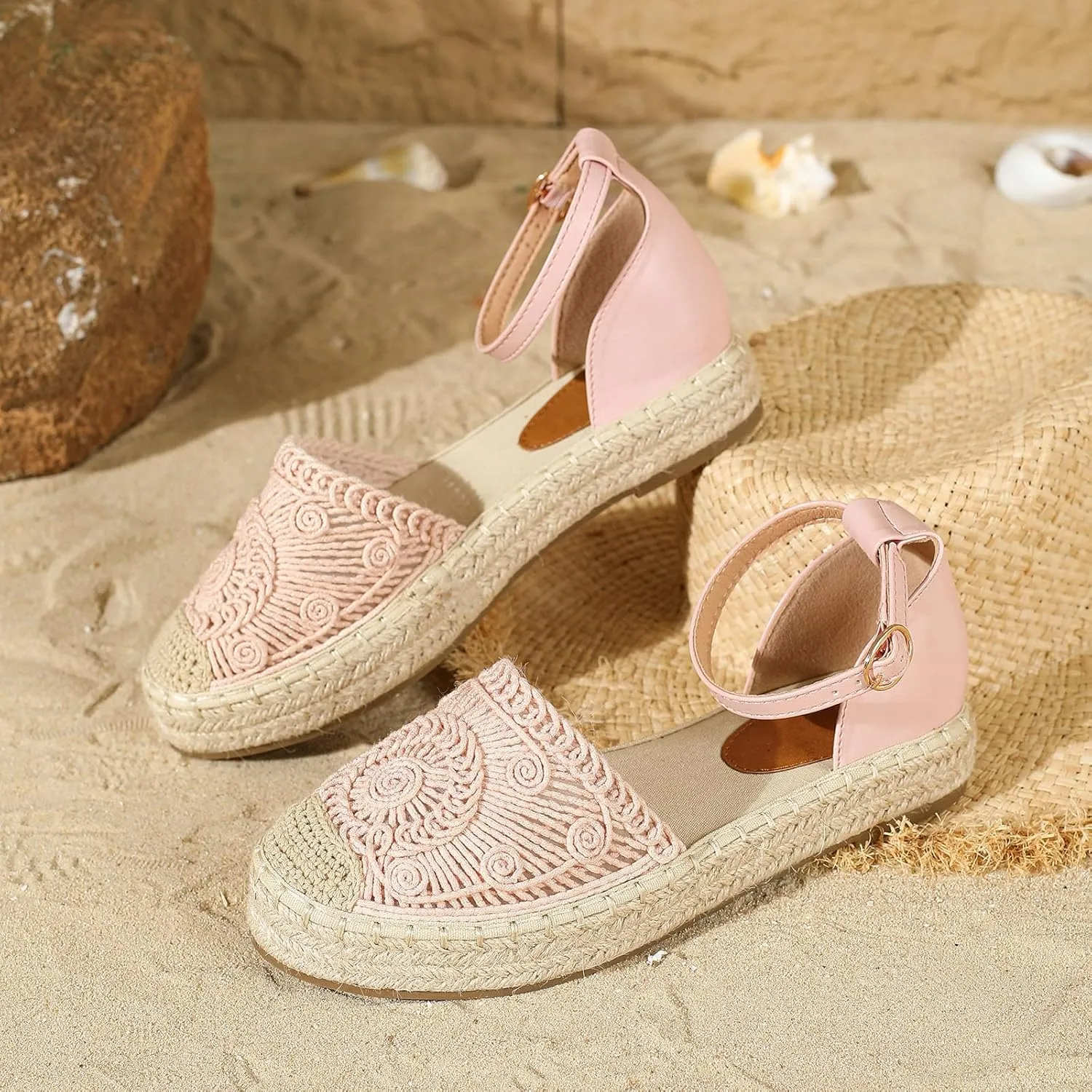 Lossarye Women's Platform Closed Toe Espadrille Sandals Adjustable Ankle Strap Comfortable Round Toe Breathable Flat Sandals for Summer Vocation Beach Dressy Shoes