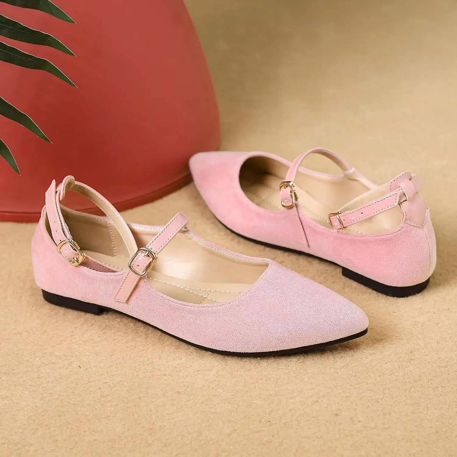 LUXINYU Mary Jane Shoes for Women Suede Pointed Toe Adjustable Ankle Strap Flats Comfortable Work Shoes