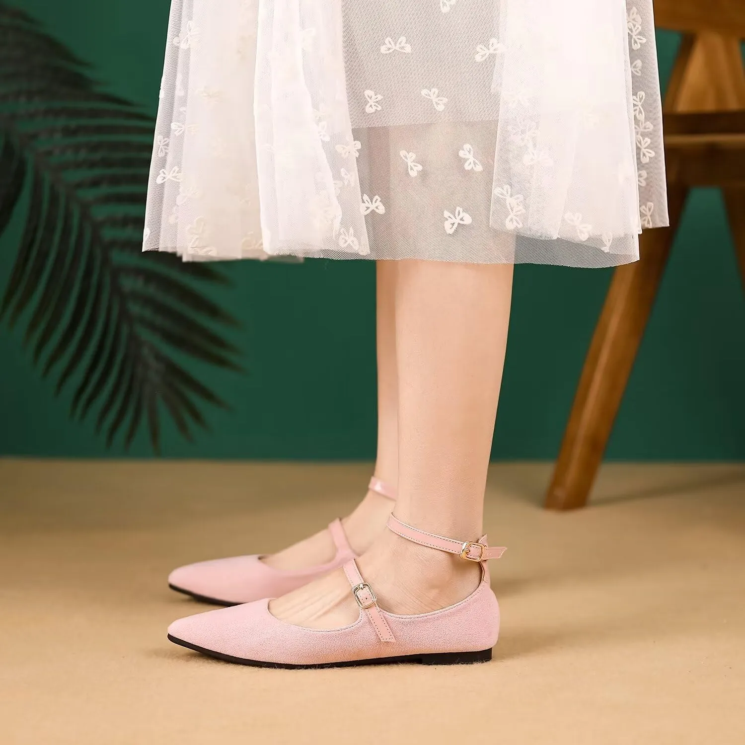 LUXINYU Mary Jane Shoes for Women Suede Pointed Toe Adjustable Ankle Strap Flats Comfortable Work Shoes