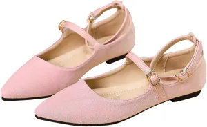 LUXINYU Mary Jane Shoes for Women Suede Pointed Toe Adjustable Ankle Strap Flats Comfortable Work Shoes