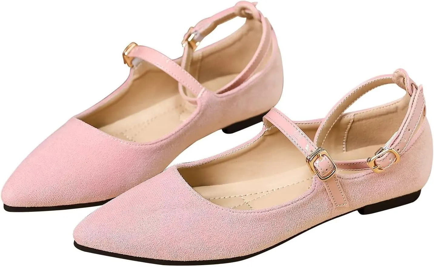 LUXINYU Mary Jane Shoes for Women Suede Pointed Toe Adjustable Ankle Strap Flats Comfortable Work Shoes