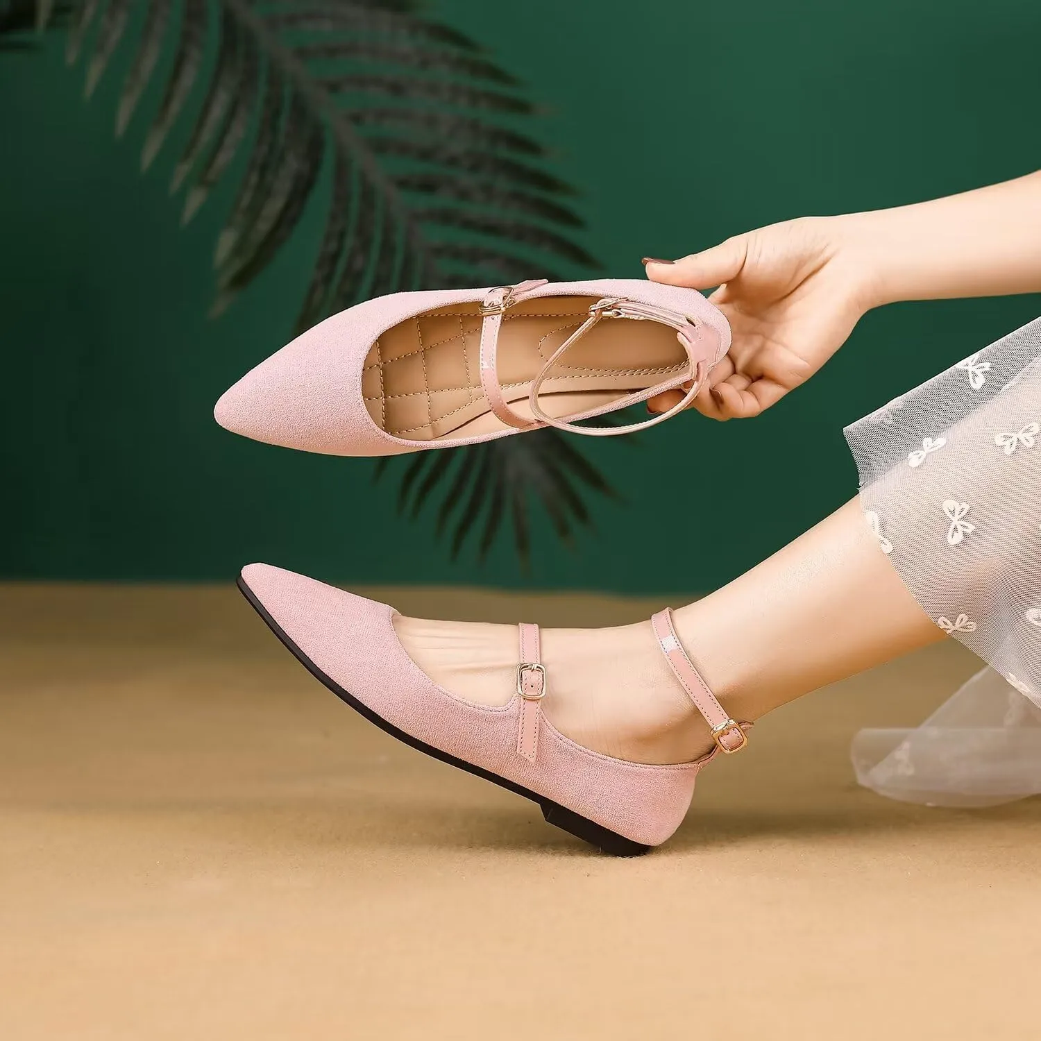LUXINYU Mary Jane Shoes for Women Suede Pointed Toe Adjustable Ankle Strap Flats Comfortable Work Shoes