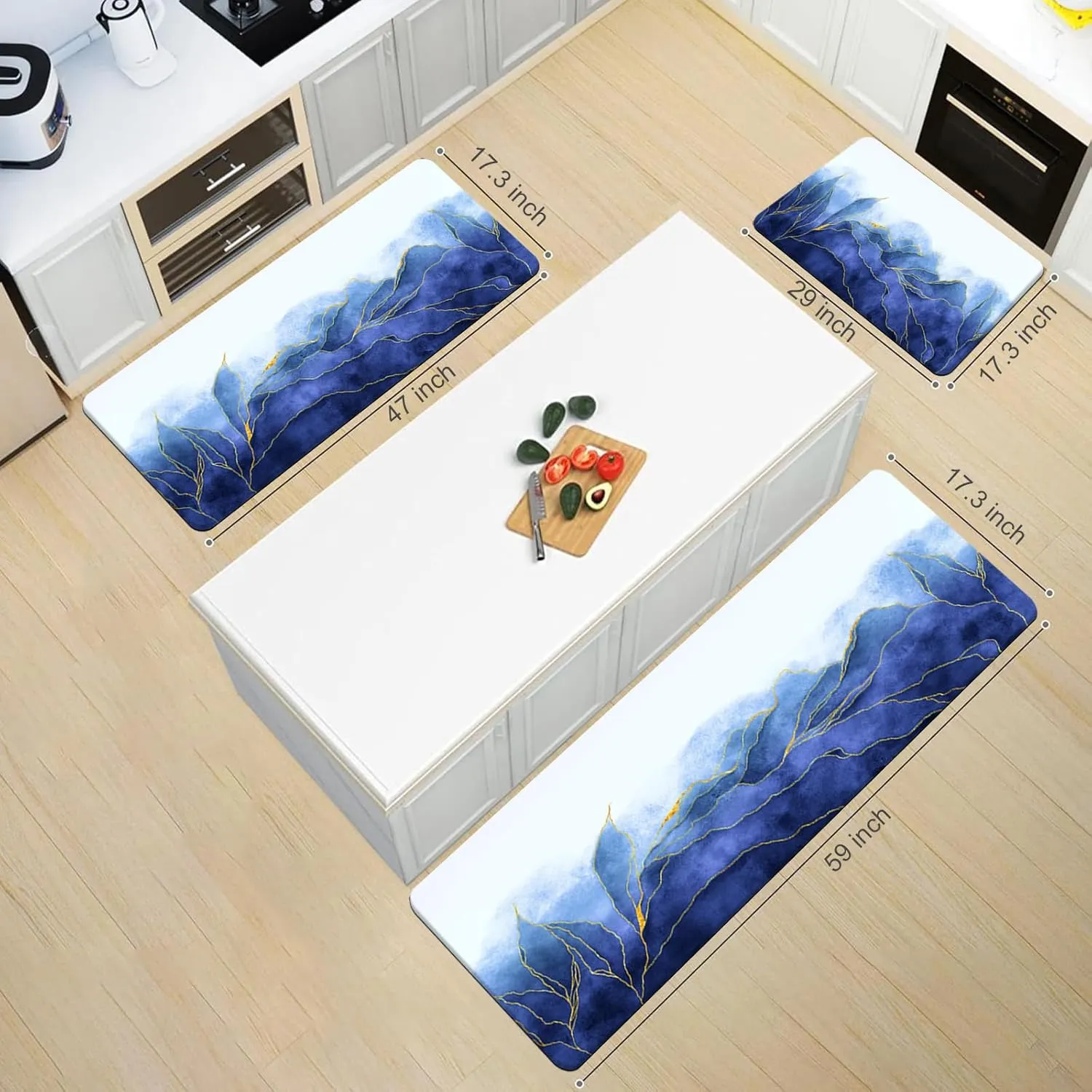 MAYHMYO Anti Fatigue Kitchen Mat - Set of 2 - Blue and Gold Design Comfort Mats - Cushioned, Non Slip Floor Mat