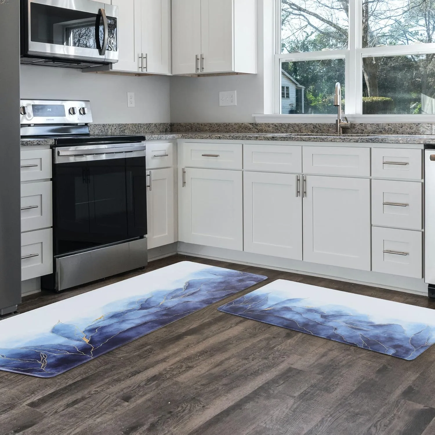 MAYHMYO Anti Fatigue Kitchen Mat - Set of 2 - Blue and Gold Design Comfort Mats - Cushioned, Non Slip Floor Mat