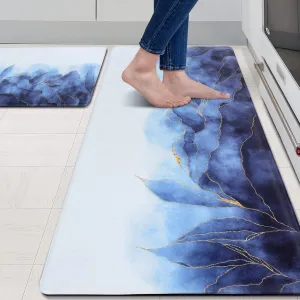 MAYHMYO Anti Fatigue Kitchen Mat - Set of 2 - Blue and Gold Design Comfort Mats - Cushioned, Non Slip Floor Mat