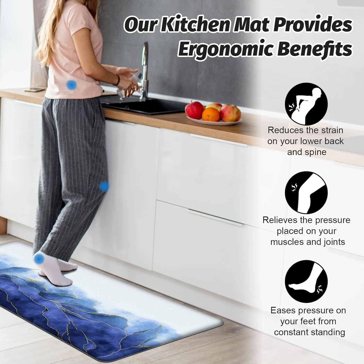MAYHMYO Anti Fatigue Kitchen Mat - Set of 2 - Blue and Gold Design Comfort Mats - Cushioned, Non Slip Floor Mat