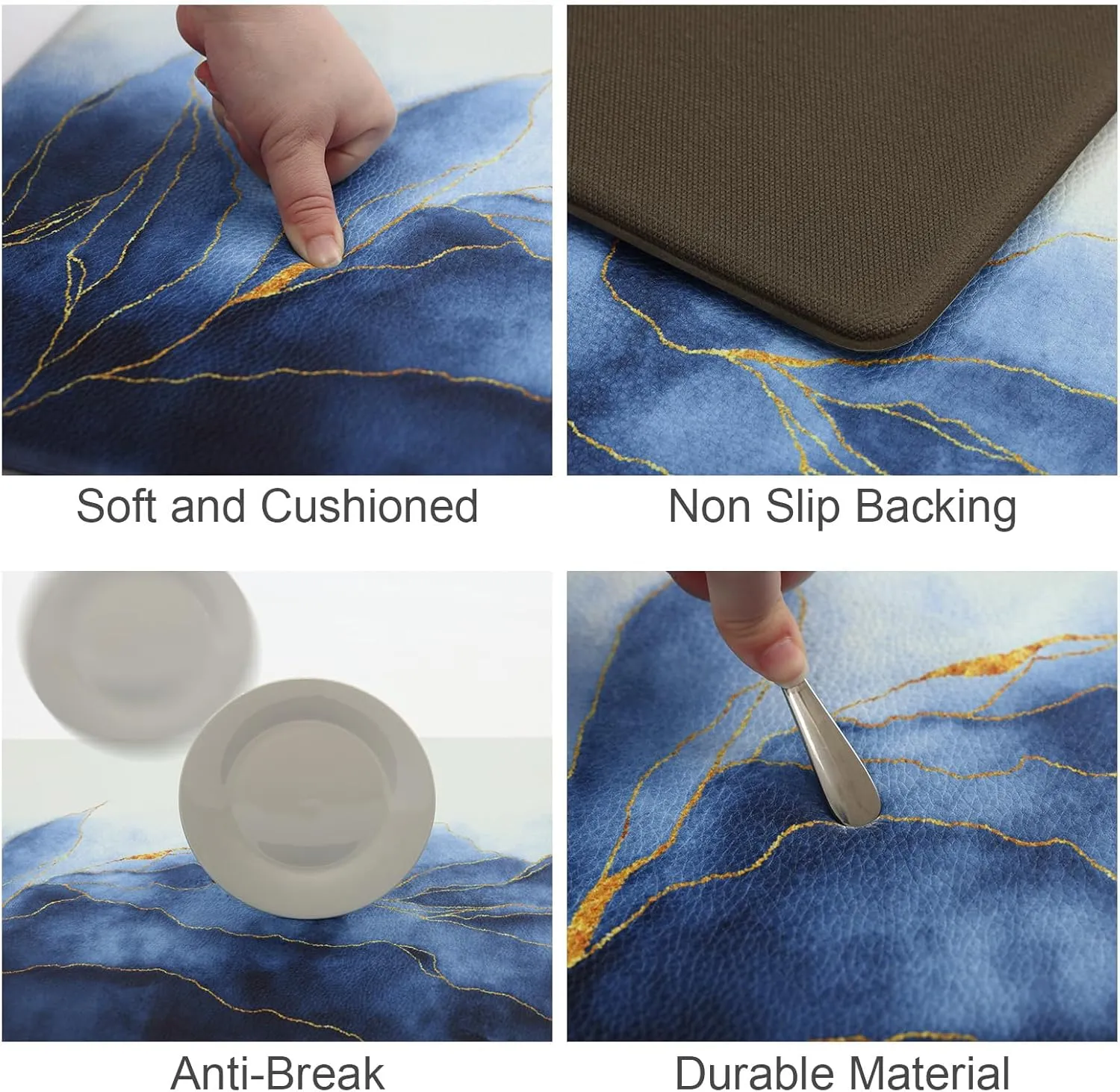 MAYHMYO Anti Fatigue Kitchen Mat - Set of 2 - Blue and Gold Design Comfort Mats - Cushioned, Non Slip Floor Mat