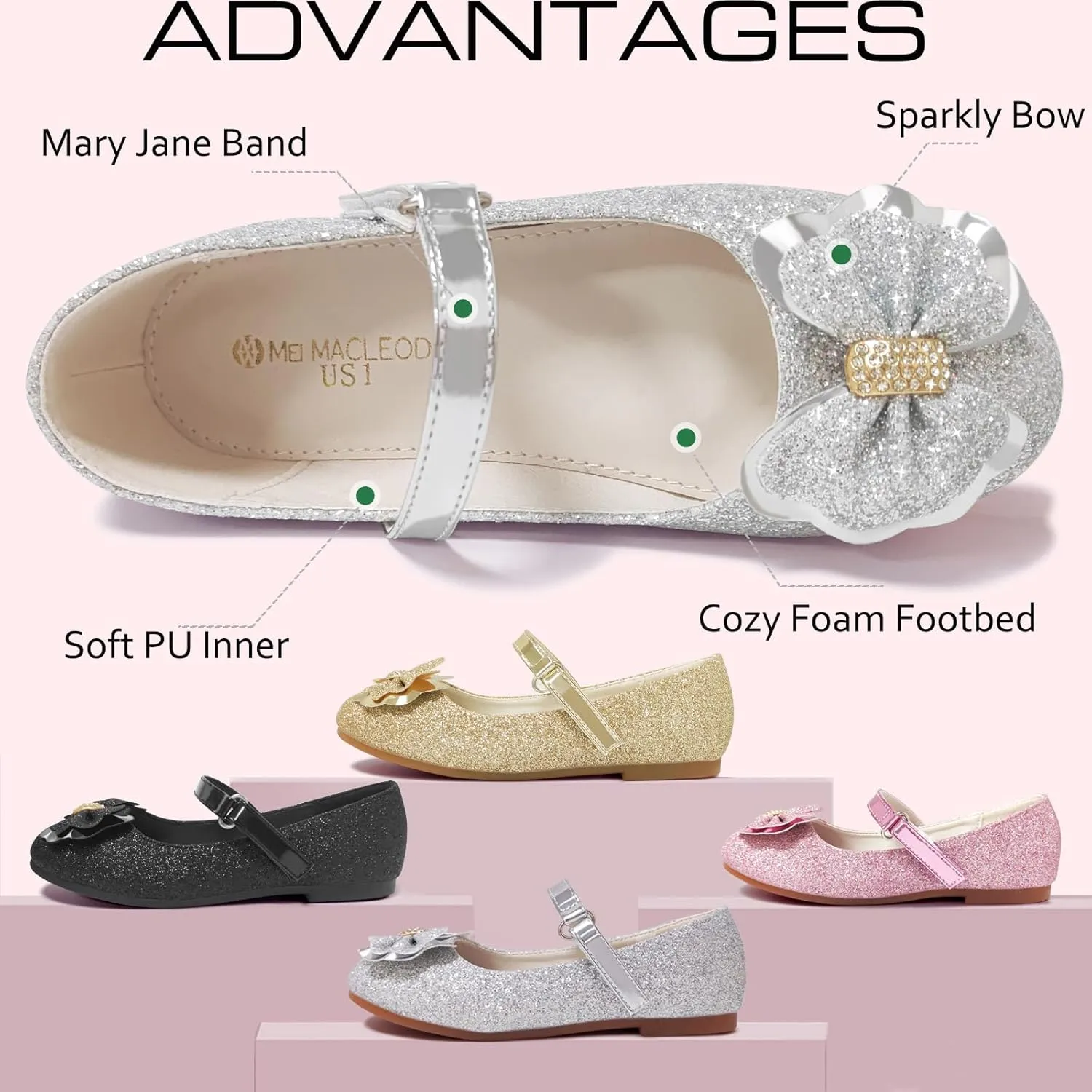 Mei MACLEOD Girl's Mary Jane Shoes Ballerina Shoes, Princess Dress Shoes for Party Wedding