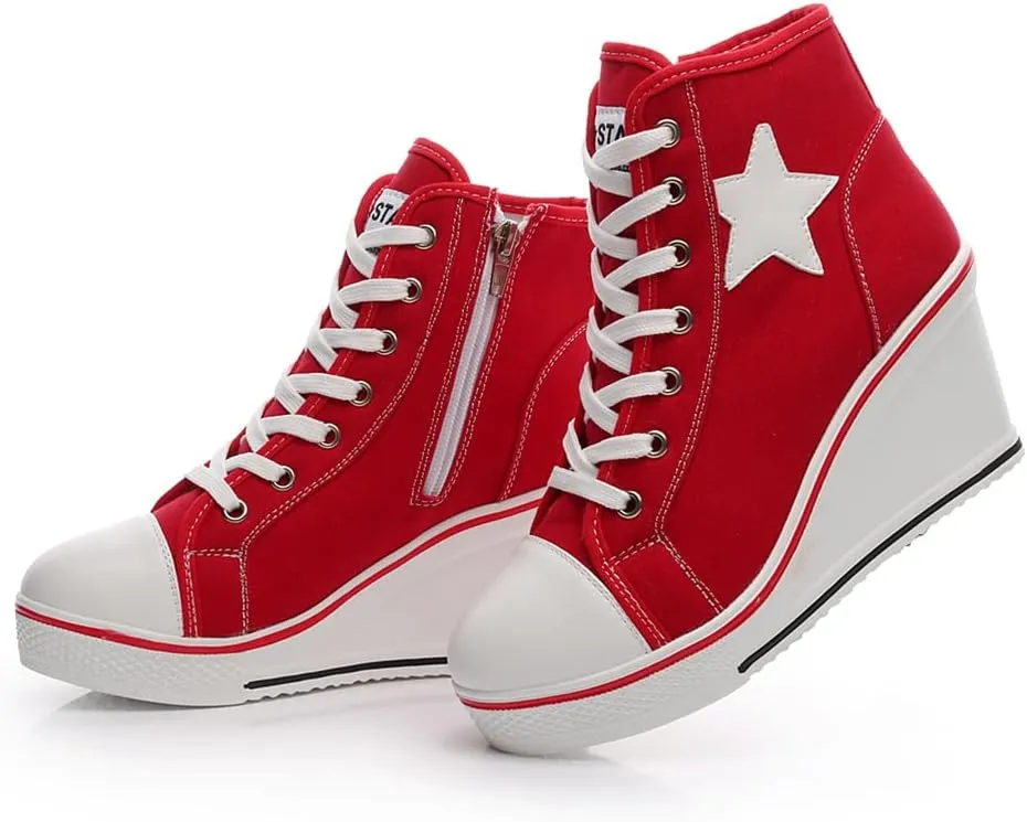 Mei MACLEOD High Heel Wedge Sneakers for Women Casual Lace Up Canvas Shoes for Ladies Platform Wedge Shoes AnkleBooties