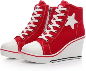 Mei MACLEOD High Heel Wedge Sneakers for Women Casual Lace Up Canvas Shoes for Ladies Platform Wedge Shoes AnkleBooties