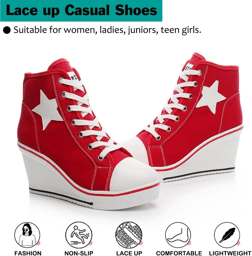 Mei MACLEOD High Heel Wedge Sneakers for Women Casual Lace Up Canvas Shoes for Ladies Platform Wedge Shoes AnkleBooties