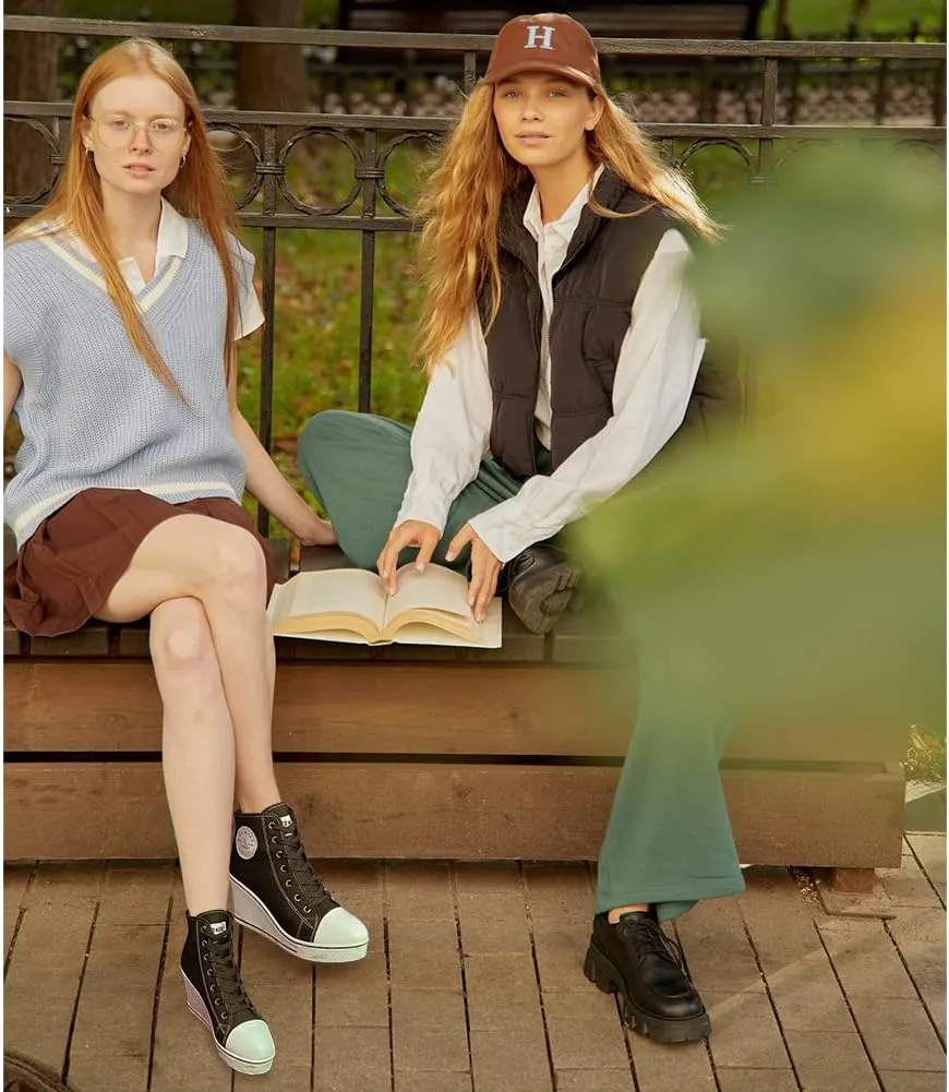 Mei MACLEOD Women's Canvas Shoes High Heel Wedge Sneakers High Top Sneakers Casual Lace Up Shoes for Teen Girls College Student