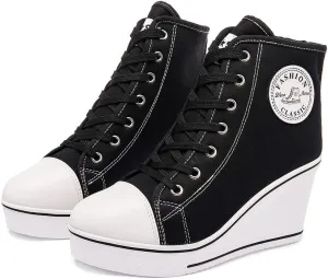 Mei MACLEOD Women's Canvas Shoes High Heel Wedge Sneakers High Top Sneakers Casual Lace Up Shoes for Teen Girls College Student