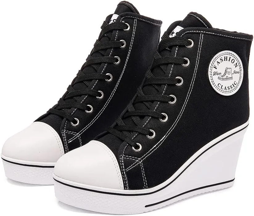 Mei MACLEOD Women's Canvas Shoes High Heel Wedge Sneakers High Top Sneakers Casual Lace Up Shoes for Teen Girls College Student