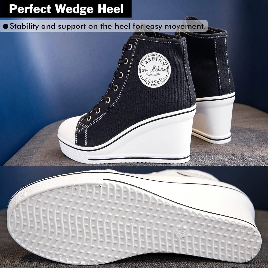 Mei MACLEOD Women's Canvas Shoes High Heel Wedge Sneakers High Top Sneakers Casual Lace Up Shoes for Teen Girls College Student