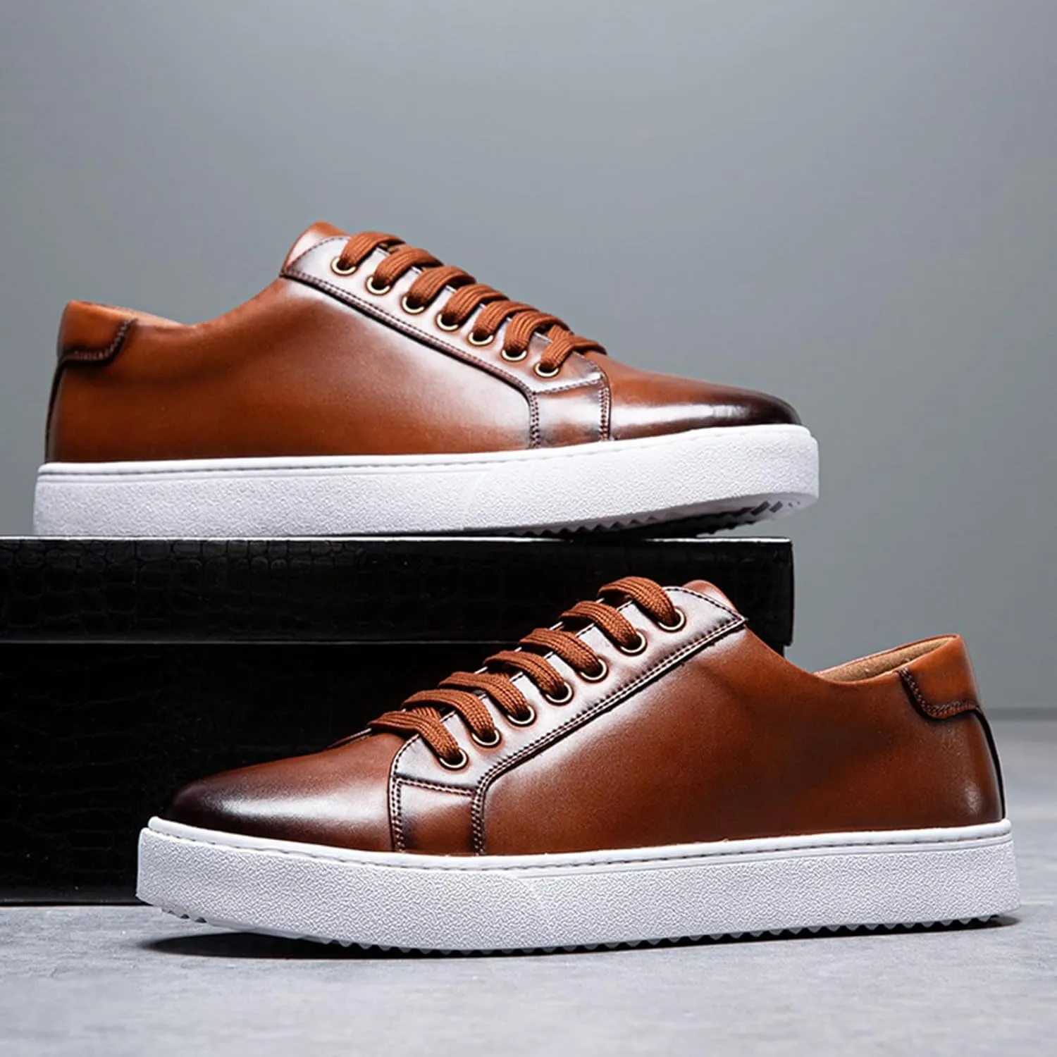 Men Fashion Leather Lace-Up Flat Oxfords Sneakers,Casual Low Top Comfortable Non Slip Walking Shoes Business Dress Shoes