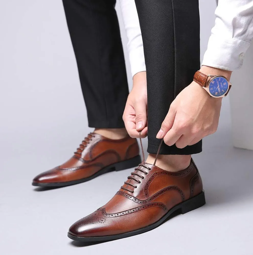 Mens Brogue Oxford, Lace-up Wingtip Dress Shoes,Formal Lace Up Shoes for Men