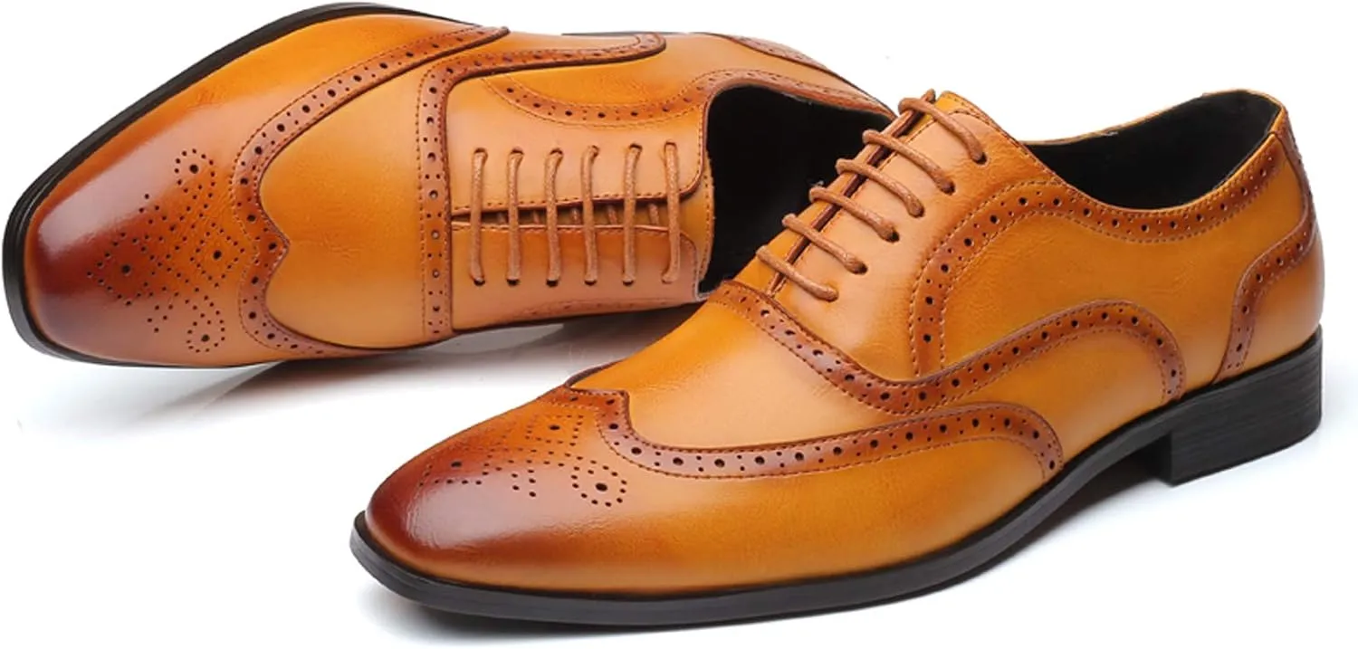 Mens Brogue Oxford, Lace-up Wingtip Dress Shoes,Formal Lace Up Shoes for Men