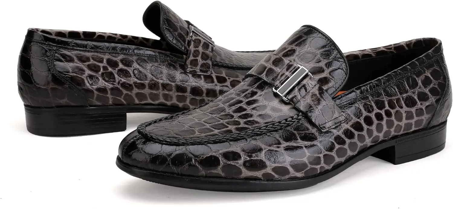 Men's Classic Leather Penny Loafers, Crocodile Printed Business Dress Slip on Loafer Shoes for Mens