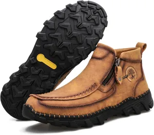 Men's Hand Stitching Leather Slip On Ankle Boots Side Zipper Casual Comfort Moccasin Chukka Boots Outdoor Walking Loafers for Working Driving Hiking