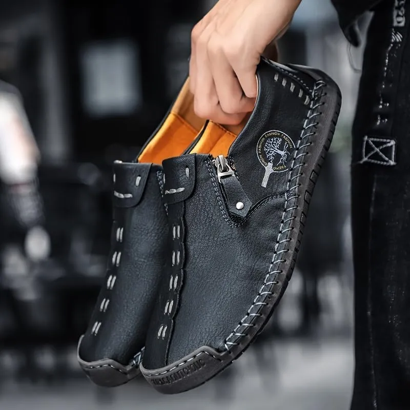 Men's Loafer Shoes with Side Zipper, Comfy Non-Slip Slip On Shoes, Men's Leather Shoes, Breathable Comfortable Casual Shoes