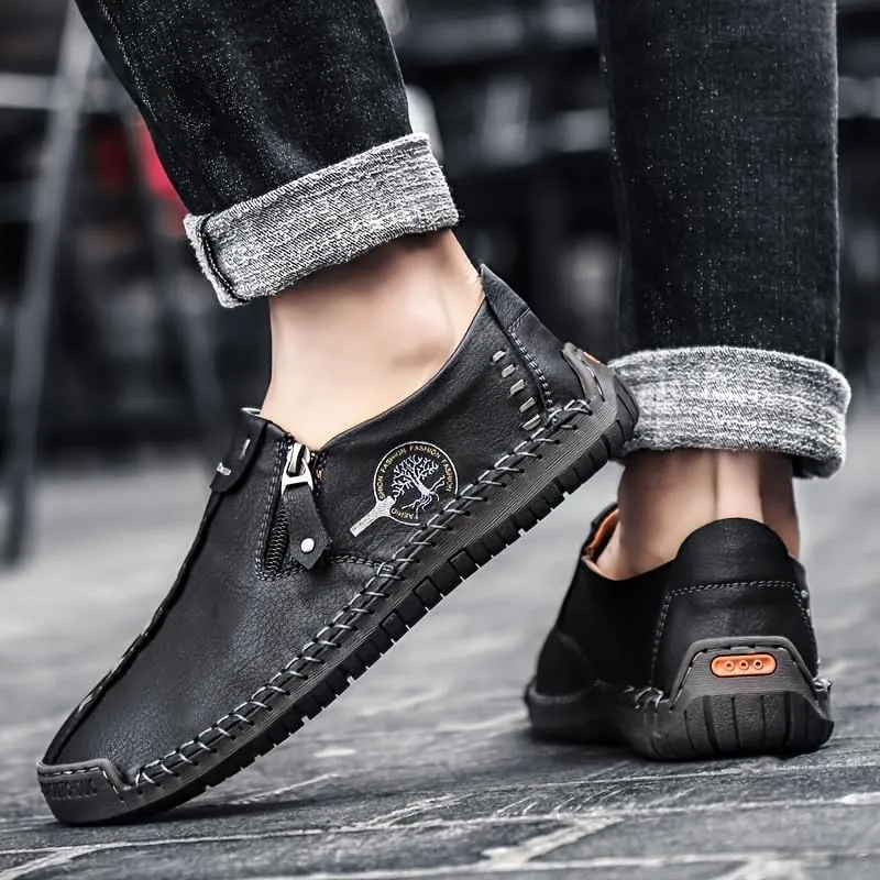 Men's Loafer Shoes with Side Zipper, Comfy Non-Slip Slip On Shoes, Men's Leather Shoes, Breathable Comfortable Casual Shoes