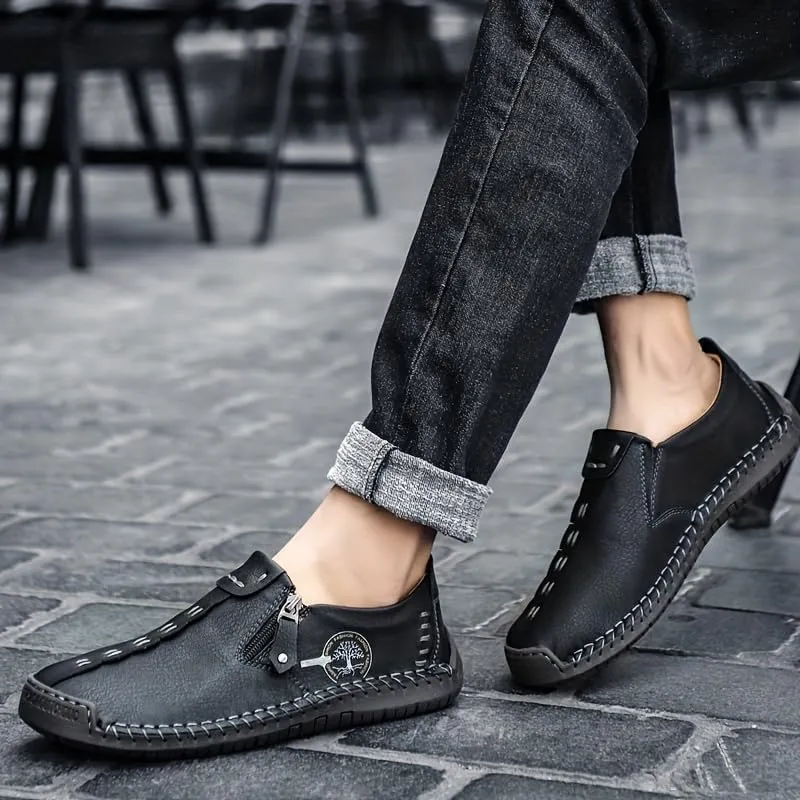 Men's Loafer Shoes with Side Zipper, Comfy Non-Slip Slip On Shoes, Men's Leather Shoes, Breathable Comfortable Casual Shoes