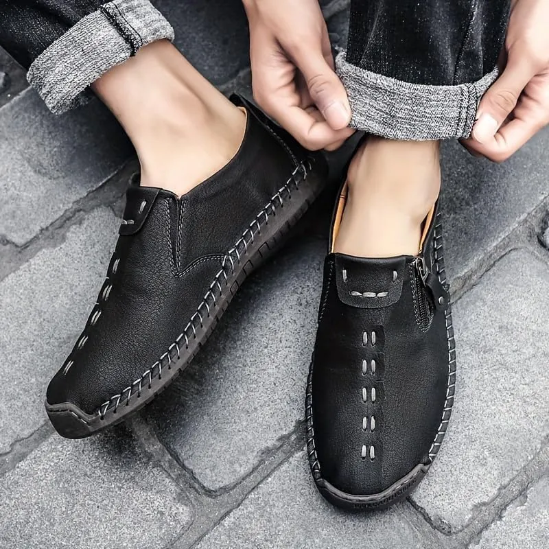 Men's Loafer Shoes with Side Zipper, Comfy Non-Slip Slip On Shoes, Men's Leather Shoes, Breathable Comfortable Casual Shoes
