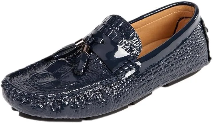 Mens Loafers Vegan Leather Crocodile Print Driving Loafers Tassel Flat Heel Lightweight Flexible Outdoor Party Slip-ons