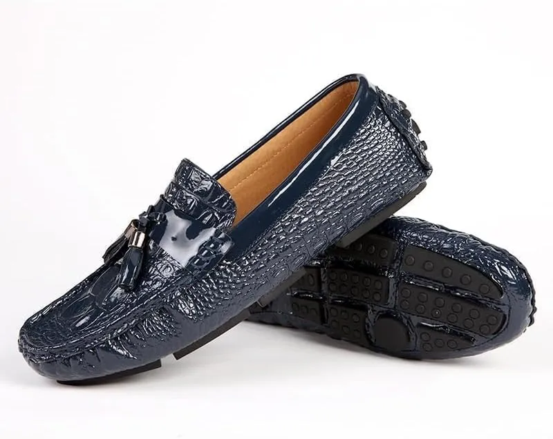 Mens Loafers Vegan Leather Crocodile Print Driving Loafers Tassel Flat Heel Lightweight Flexible Outdoor Party Slip-ons