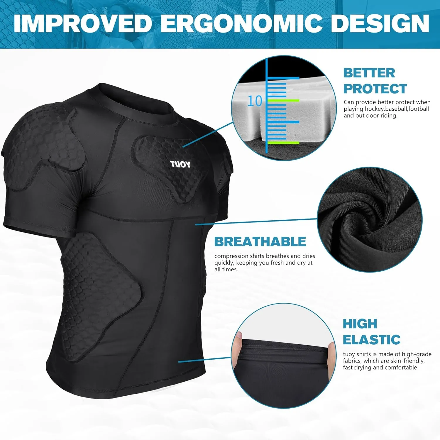 Men's Padded Compression Shirt Football Shoulder Pad Rib Protector, Chest Guard for Adult Baseball Basketball Protective Gear