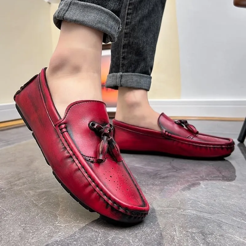 Men's Square Toe Brogue Loafers - Embossed Wingtips with Tassel, Slip-Resistant Driving Shoes, Flexible Flat Heel for Outdoor & Fashion