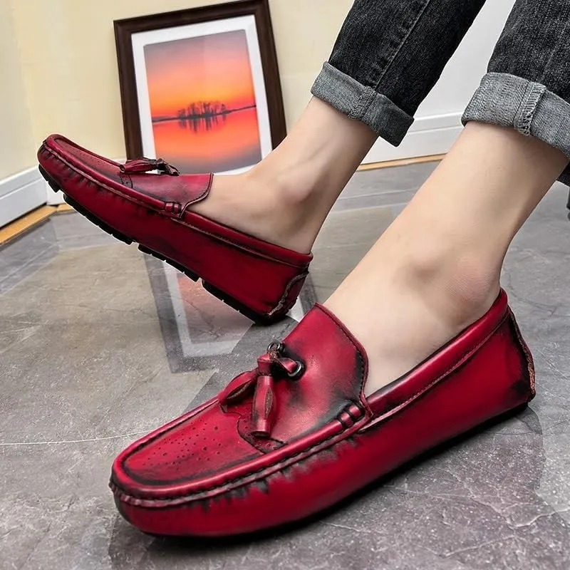 Men's Square Toe Brogue Loafers - Embossed Wingtips with Tassel, Slip-Resistant Driving Shoes, Flexible Flat Heel for Outdoor & Fashion