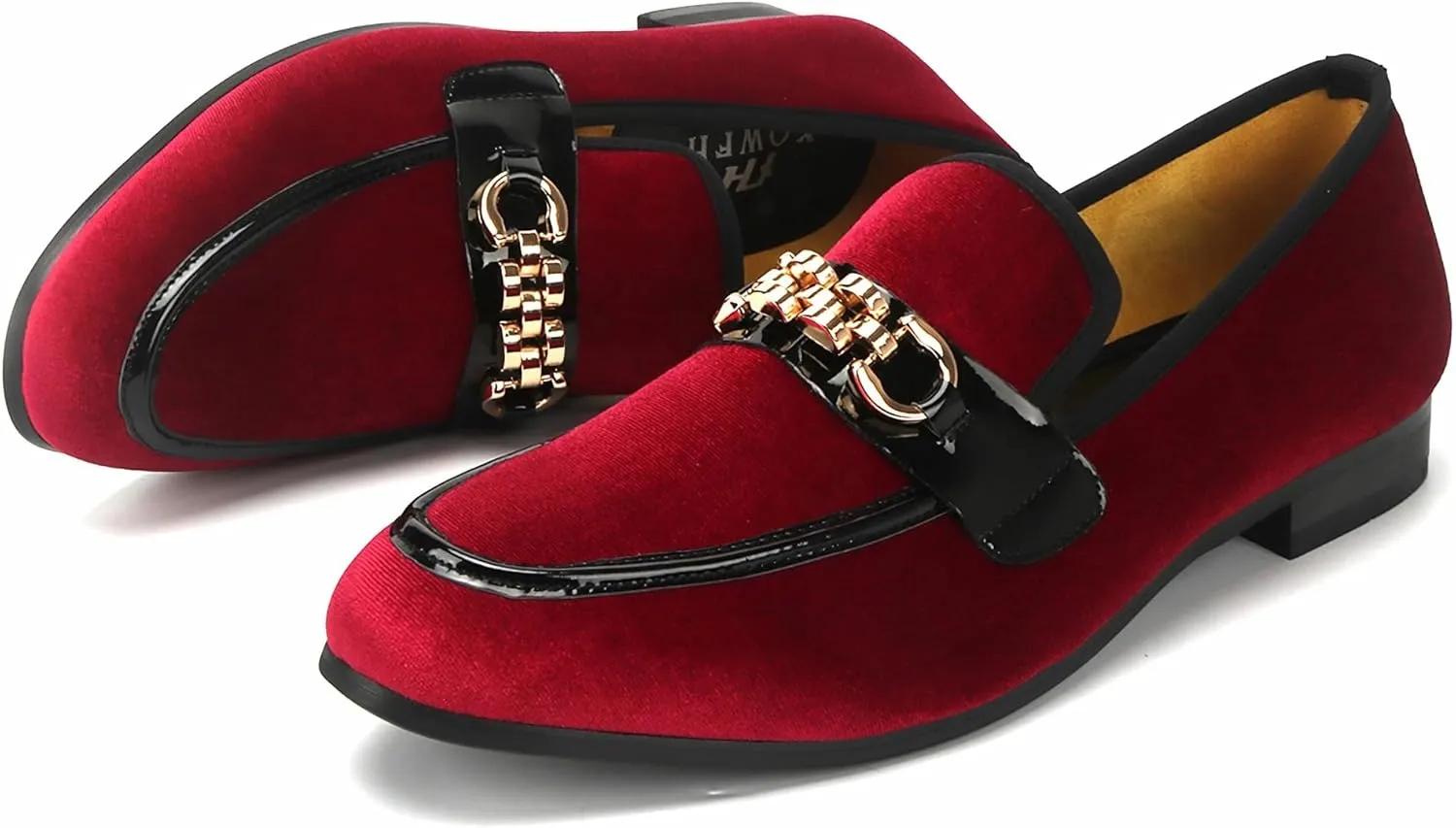 Men's Velvet Loafers,Mens Dress Shoes with Gold Chain, Slip On Flats Smoking Slippers Penny Shoes for Men