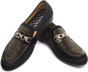 Men's Velvet Loafers,Mens Dress Shoes with Gold Chain, Slip On Flats Smoking Slippers Penny Shoes for Men