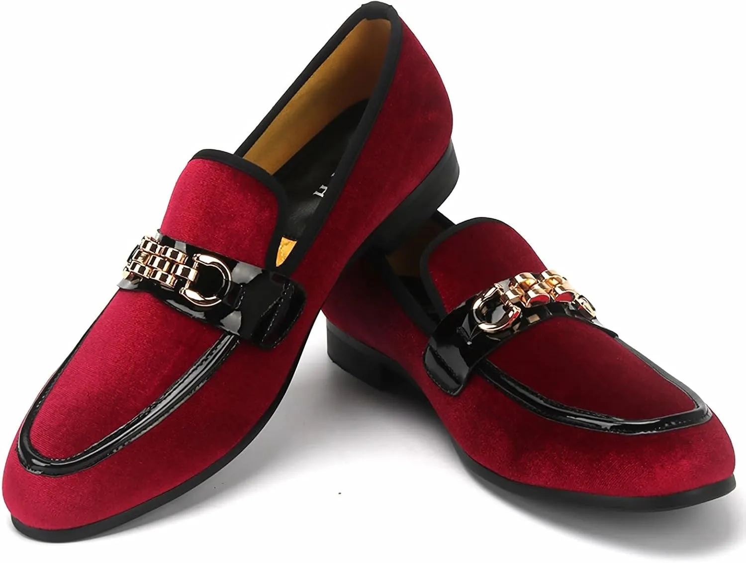 Men's Velvet Loafers,Mens Dress Shoes with Gold Chain, Slip On Flats Smoking Slippers Penny Shoes for Men