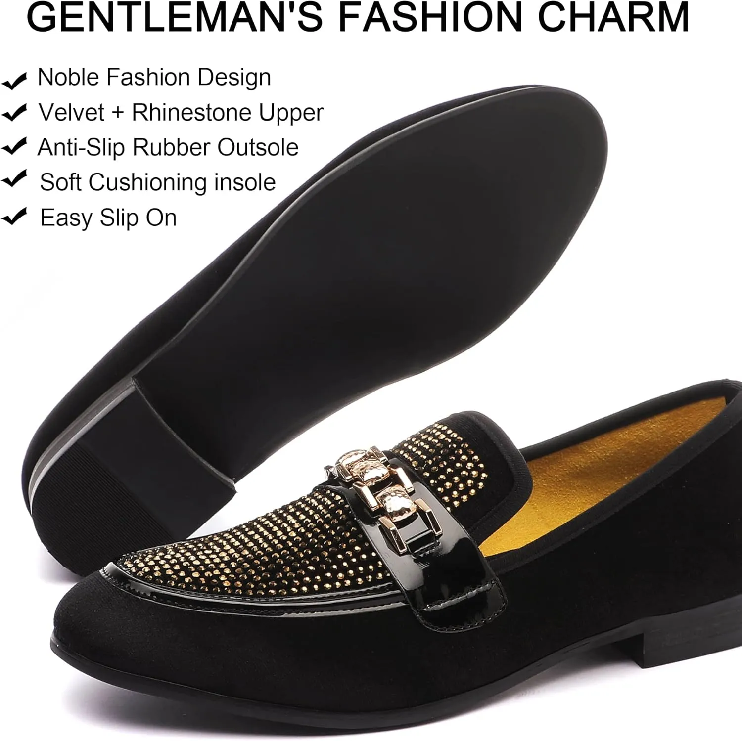 Men's Velvet Loafers,Mens Dress Shoes with Gold Chain, Slip On Flats Smoking Slippers Penny Shoes for Men