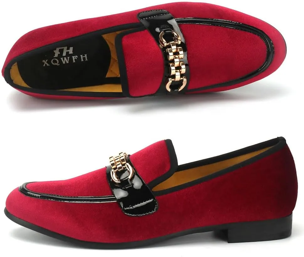 Men's Velvet Loafers,Mens Dress Shoes with Gold Chain, Slip On Flats Smoking Slippers Penny Shoes for Men